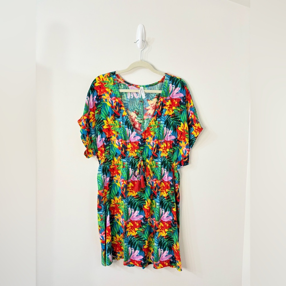 French Twist Tropical Beach Vneck Short Sleeve Dress Women M Vacation Resortwear